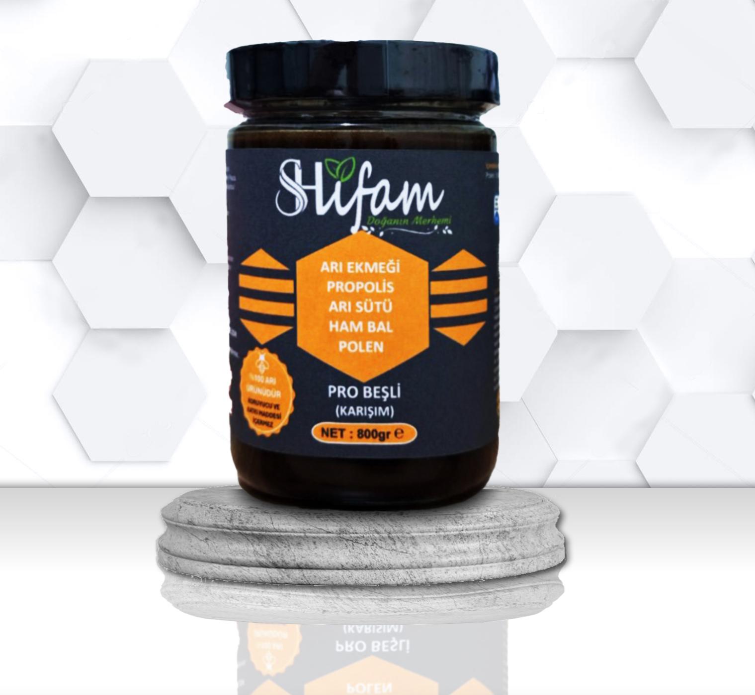 BEŞLİ KARIŞIM  (Bal, Propolis, Arı Sütü, Arı Ekmeği,Polen) KARIŞIM 800 GR