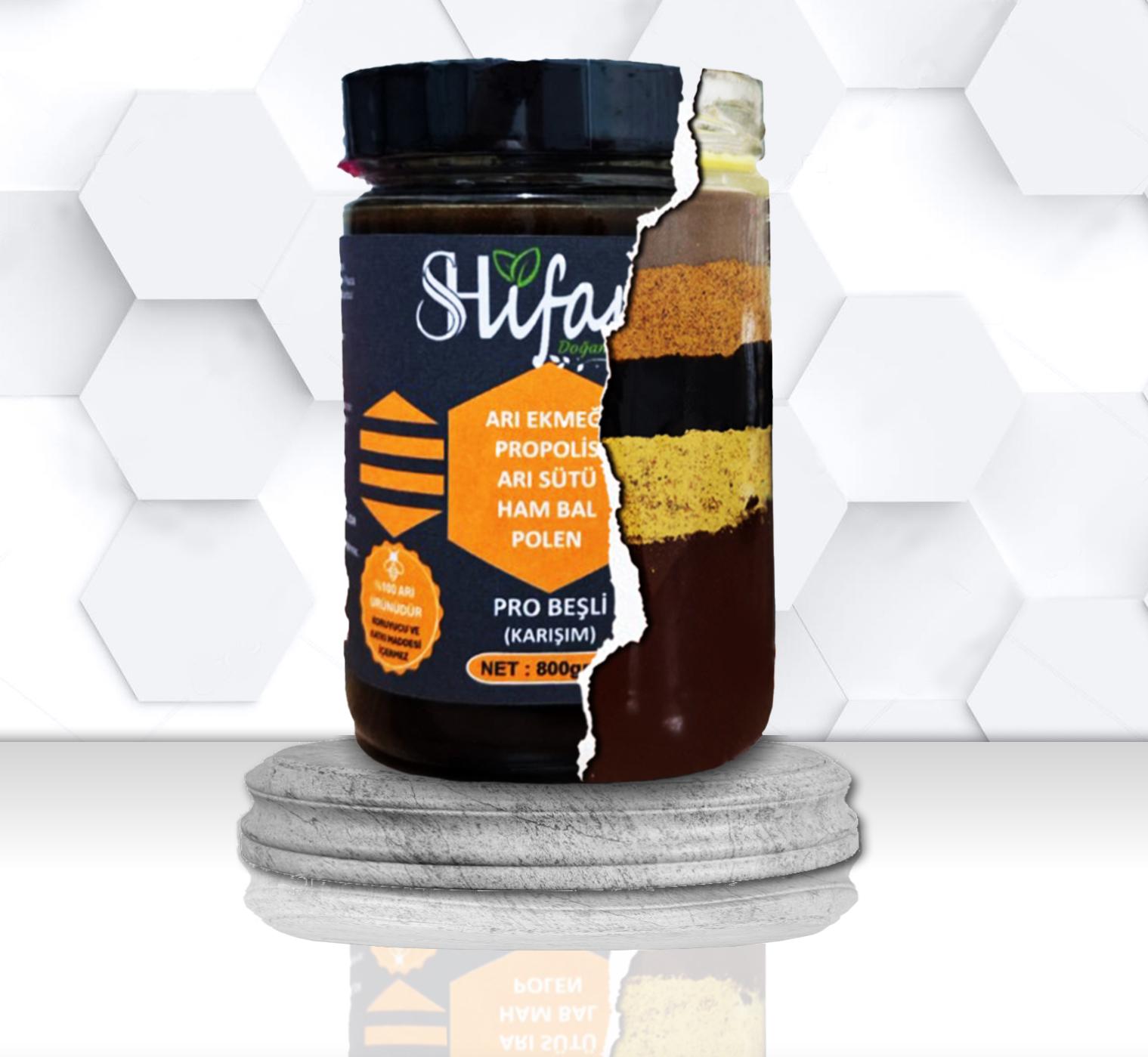 BEŞLİ KARIŞIM  (Bal, Propolis, Arı Sütü, Arı Ekmeği,Polen) KARIŞIM 800 GR